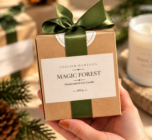 Sojawachskerze „Magic Forest“ (210 g) – Im matten Weißglas mit Geschenkbox
