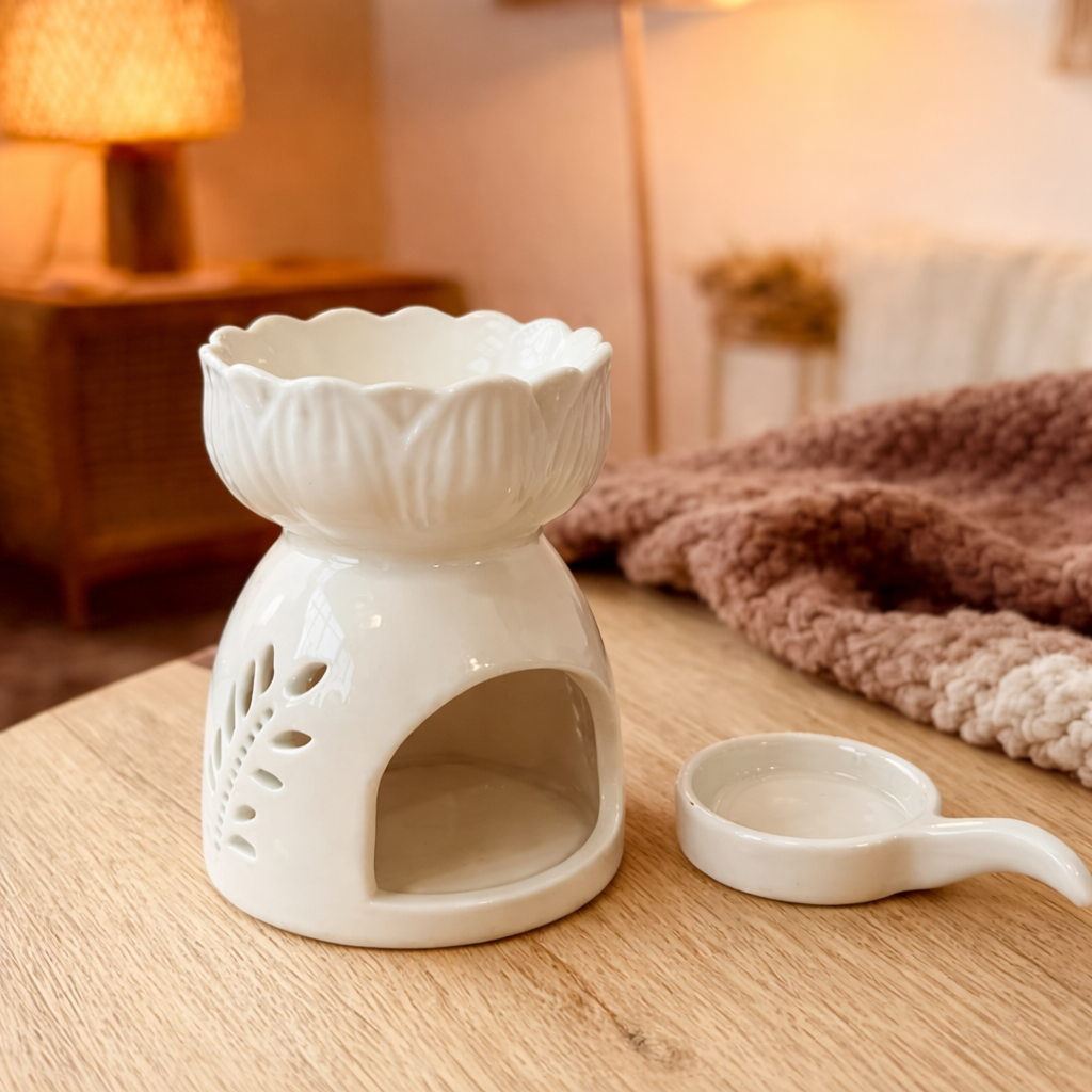 Duftlampe Keramik Weiß – Florales Design für Duftöl & Wax Melts (10 cm)