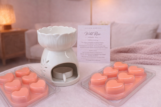 Duftset „Blume & Herz Duo“ – Duftlampe + 2 Pack Herz-Wax-Melts