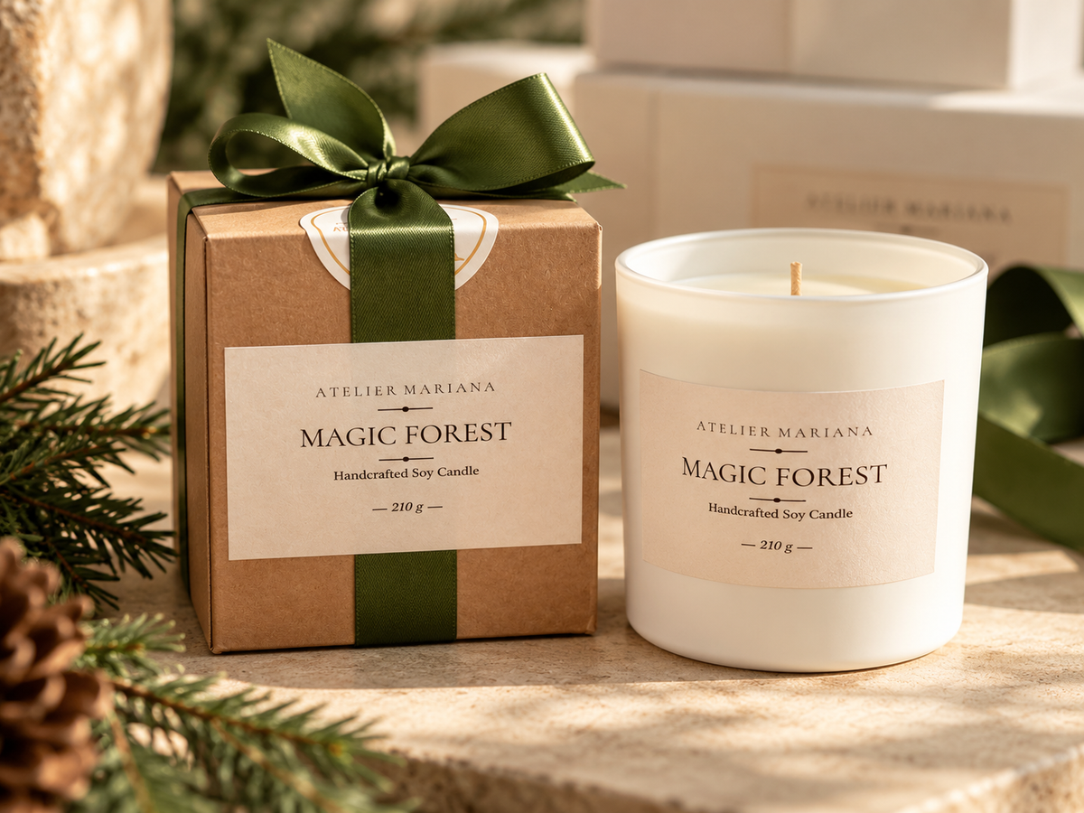 Sojawachskerze „Magic Forest“ (210 g) – Im matten Weißglas mit Geschenkbox