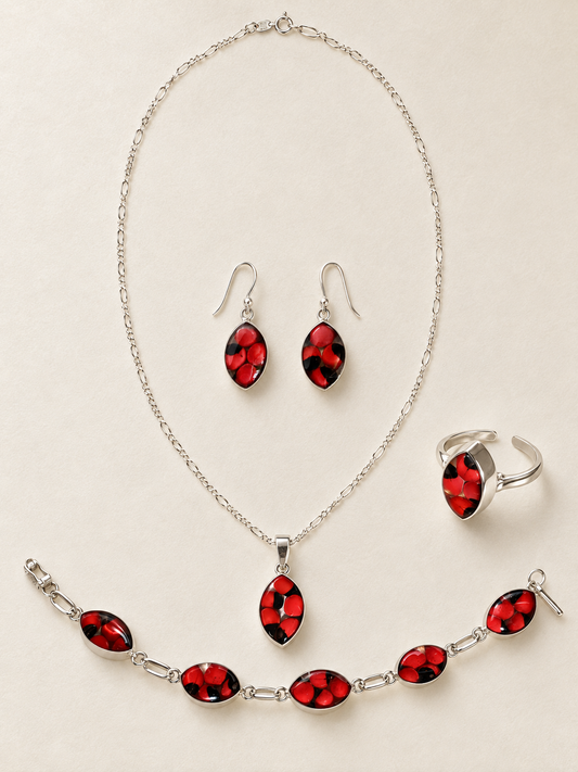 Huayruro Schmuckset aus peruanischem Silber 950 - 925 – Rot & Schwarz